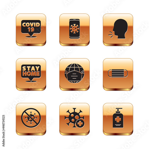 Set Corona virus on location, Stop, Positive, Earth with medical mask, Stay home, Man coughing, Liquid antibacterial soap and Virus statistics mobile icon. Vector