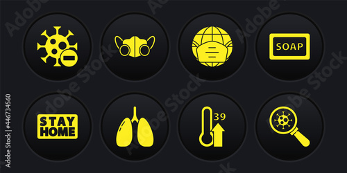 Set Stay home, Bar of soap, Lungs, High human body temperature, Earth with medical mask, Medical protective, Virus under magnifying glass and Negative virus icon. Vector