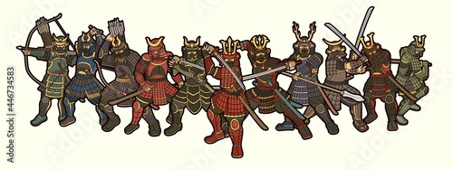 Samurai Warrior with Weapons Group of Ronin Japanese Fighter Cartoon Graphic Vector
