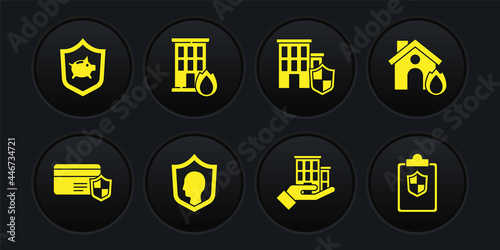 Set Credit card with shield, Fire in burning house, Life insurance, House, Document and Piggy bank icon. Vector