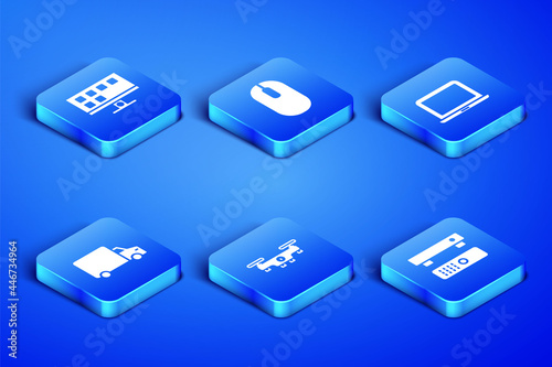 Set Multimedia and TV box, Smart Tv, Drone flying, Delivery cargo truck, Computer mouse and Laptop icon. Vector
