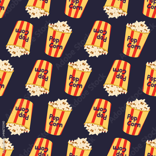 Bright seamless pattern with a festive box with popcorn. Print for cinema, theatre, film industry and holidays.