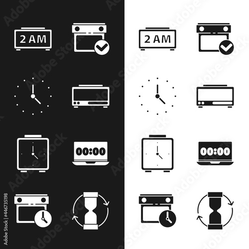 Set Digital alarm clock, Clock, Calendar with check mark, Alarm, on laptop, Old hourglass and and icon. Vector