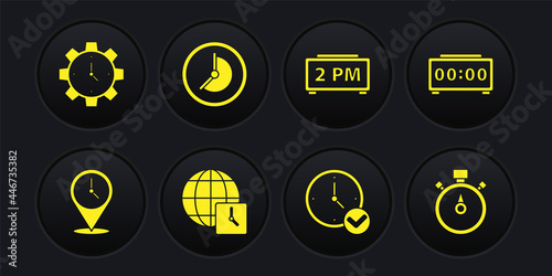 Set Location with clock, Digital alarm, World time, Clock, Stopwatch and Time Management icon. Vector