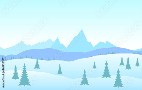 Vector illustration: Winter snowy flat cartoon mountains landscape with road, hills and pines. Christmas background.
