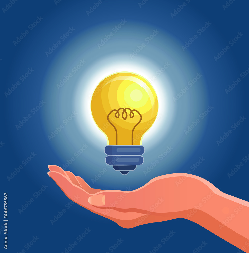 Open hand with turned on light bulb vector illustration.
