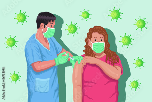 Coronavirus vaccination. Woman get vaccinated. Doctor giving corona virus Covid-19 vaccine injection injecting patient. Flat vector illustration.