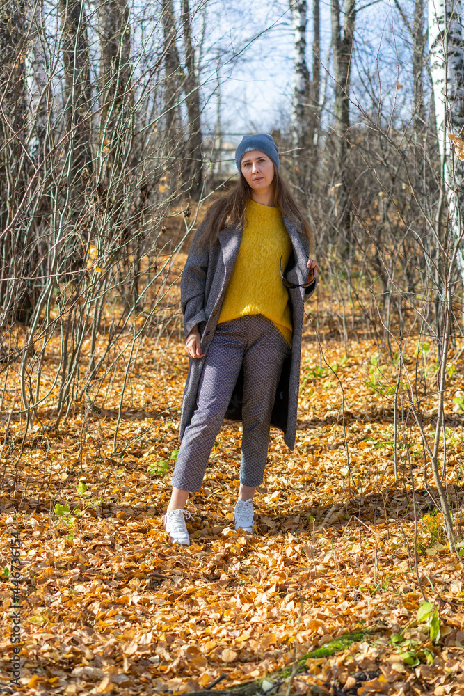 a woman in a coat and cropped trousers with a black and white print, a yellow sweater and a hat, walks in an autumn park along yellow, fallen leaves. oberations, blur. shot with an old lens a woman in a coat and cropped trousers with a black and white print, a yellow sweater and a hat, walks in an autumn park along yellow, fallen leaves. oberations, blur. shot with an old lens