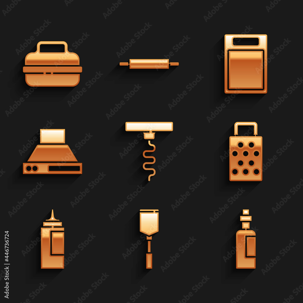 Set Wine corkscrew, Spatula, Bottle of olive oil, Grater, Sauce bottle, Kitchen extractor fan, Cutting board and Cooking pot icon. Vector Set Wine corkscrew, Spatula, Bottle of olive oil, Grater, Sauce bottle, Kitchen extractor fan, Cutting board and Cooking pot icon. Vector