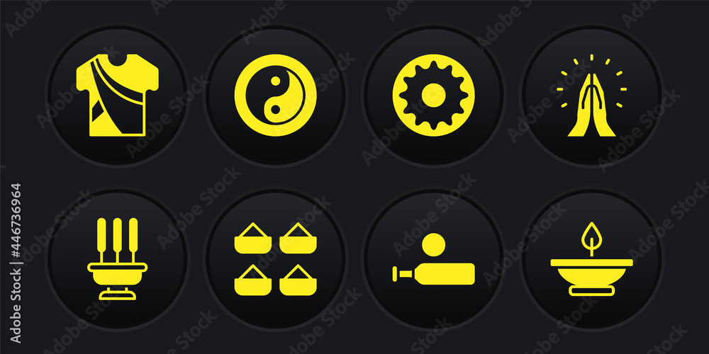 Set Incense sticks, Hands in praying position, Indian spice, Wood cricket bat ball, Chakra, Yin Yang, Aroma lamp and man dress icon. Vector Set Incense sticks, Hands in praying position, Indian spice, Wood cricket bat ball, Chakra, Yin Yang, Aroma lamp and man dress icon. Vector
