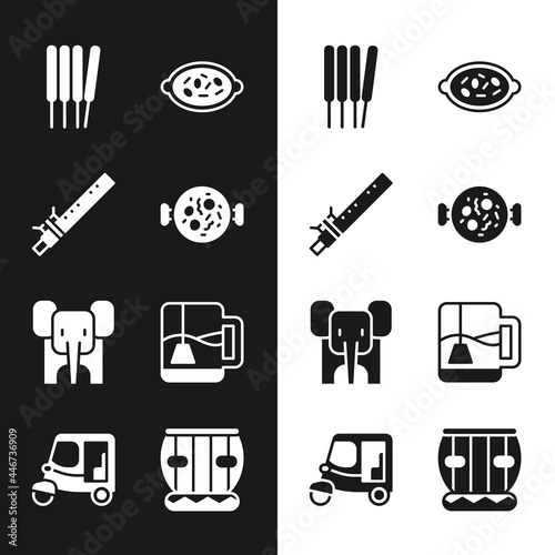 Set Chicken tikka masala, Bamboo flute indian, Aroma sticks, incense, Kheer bowl, Elephant, Cup of tea with tea bag, Instrument tabla and Taxi tuk tuk icon. Vector