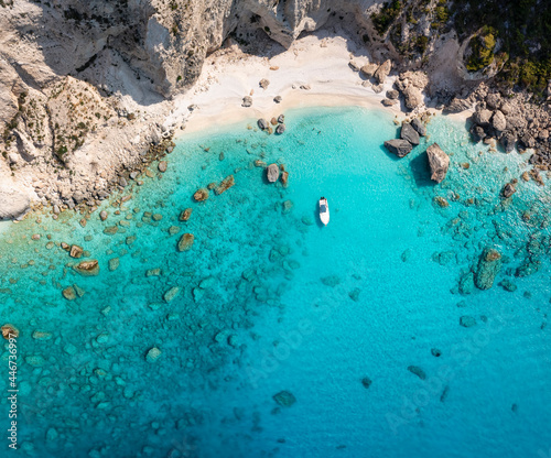 Aerial top down view to the remote and stunning Pisines beach on the west coast of Zakynthos island, Greece