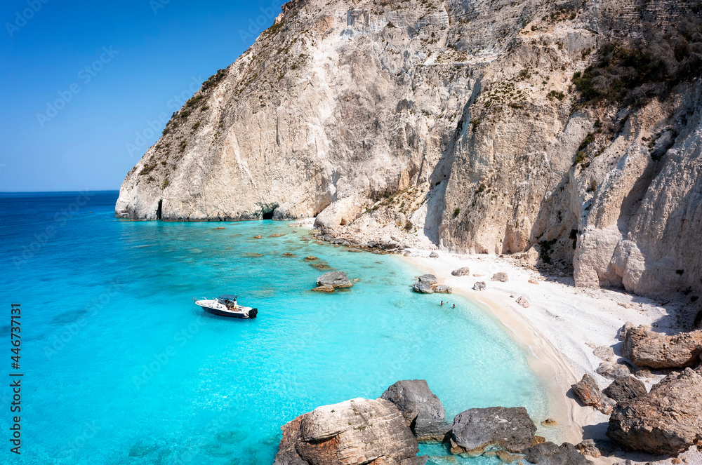 The remote and beautiful beach of Piscines with shining, turquoise sea at the Ionian island of Zakynthos, Greece