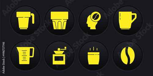 Set Jug glass with water, Coffee cup, Manual coffee grinder, Barista, Glass, beans and icon. Vector