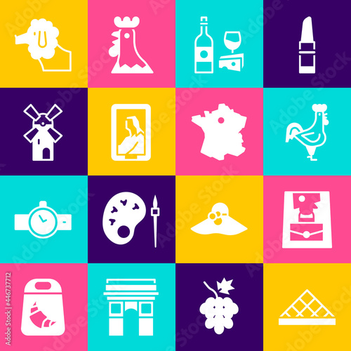 Set Louvre museum, Handbag, French rooster, Wine bottle with cheese, Portrait, Windmill, Poodle dog and Map of France icon. Vector