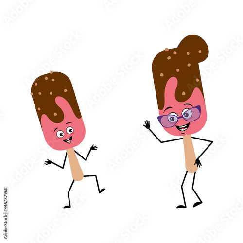 Cute ice cream character with joyful emotions, smile face, happy eyes, arms and legs. Sweet cold food, dessert popsicle. Funny grandmother with glasses and grandson