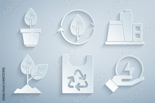 Set Plastic bag with recycle, Factory, Plant, Lightning bolt, Recycle and leaf and pot icon. Vector