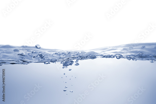 Water splash Aqua flowing in waves and creating bubbles Drops on the water surface feel fresh and clean isolated on white background.