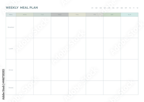 Note, scheduler, diary, planner document template illustration. Weekly meal plan template.