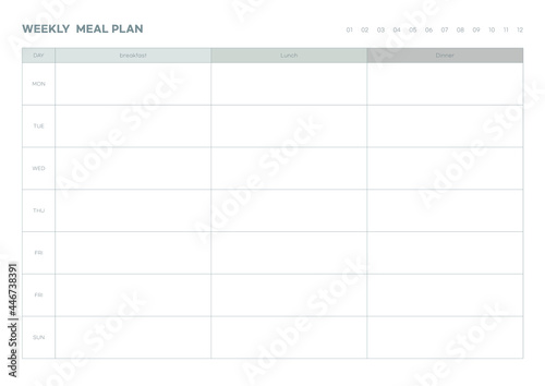 Note, scheduler, diary, planner document template illustration. Weekly meal plan template.