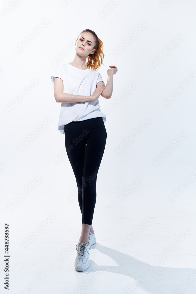 woman in fashion clothes lifestyle jumping energy light background woman in fashion clothes lifestyle jumping energy light background