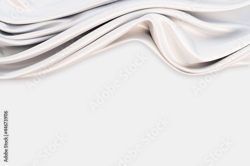 Beautiful elegant wavy silver white satin or grey silk luxury cloth fabric texture with monochrome background design. Copy space. 