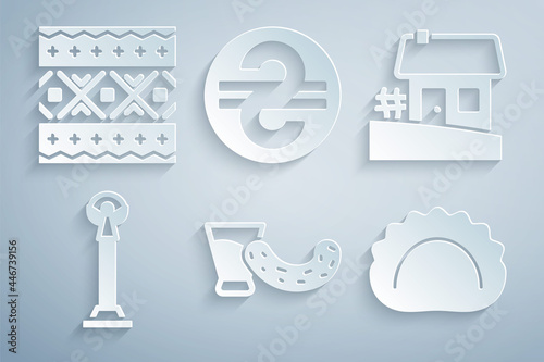 Set Glass with vodka, Ukrainian house, Monument of Independence, Dumplings, hryvnia and ethnic pattern icon. Vector