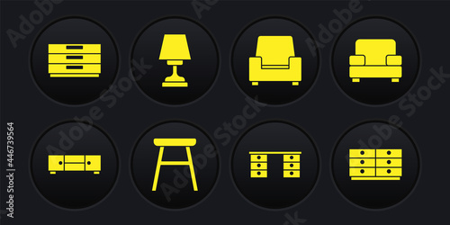 Set Chest of drawers, Armchair, Chair, Office desk, Table lamp, and icon. Vector