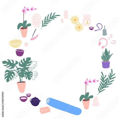 illustration wreath Yoga with candles, yoga mat, aroma lamp, orchid, lotus, rosary, buddha, teapot and cups