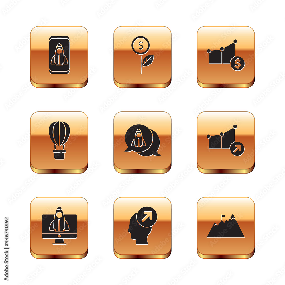 Set Startup project concept, Head hunting, Hot air balloon, Pie chart and dollar, Mountains with flag and Dollar plant icon. Vector Set Startup project concept, Head hunting, Hot air balloon, Pie chart and dollar, Mountains with flag and Dollar plant icon. Vector