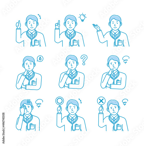 Young male doctor gesture variation illustration set.
