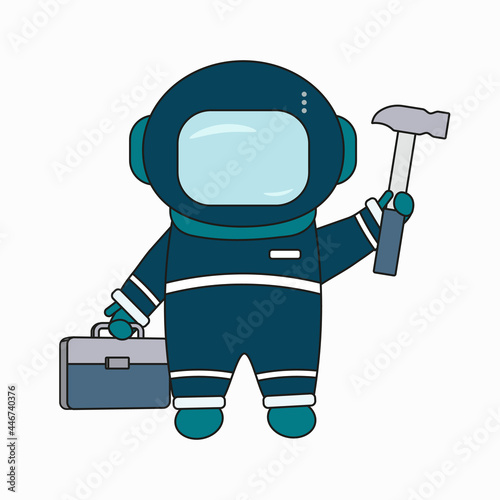 Robot cosmonaut repairman with a hammer and a box of tools. Vector image of a cartoon flat character for repair work, correction, help, service
