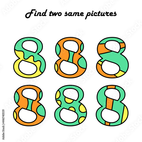 Find two same pictures. A puzzle game for children. Numbers. Eight. Education and entertainment.