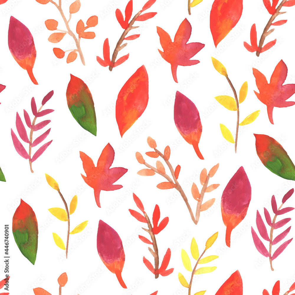 Fototapeta premium Seamless pattern with colorful autumn leaves on white background