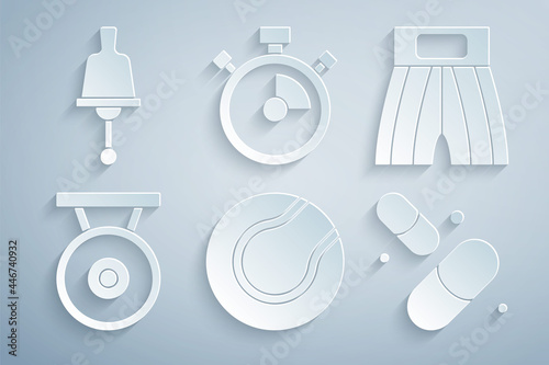 Set Tennis ball, Boxing short, Gong, Vitamin pill, Stopwatch and Ringing bell icon. Vector