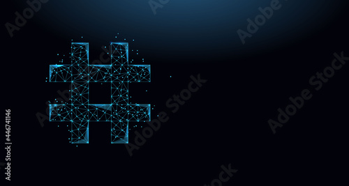 Abstract icon hashtag made from lines and triangles. Low poly style design.
