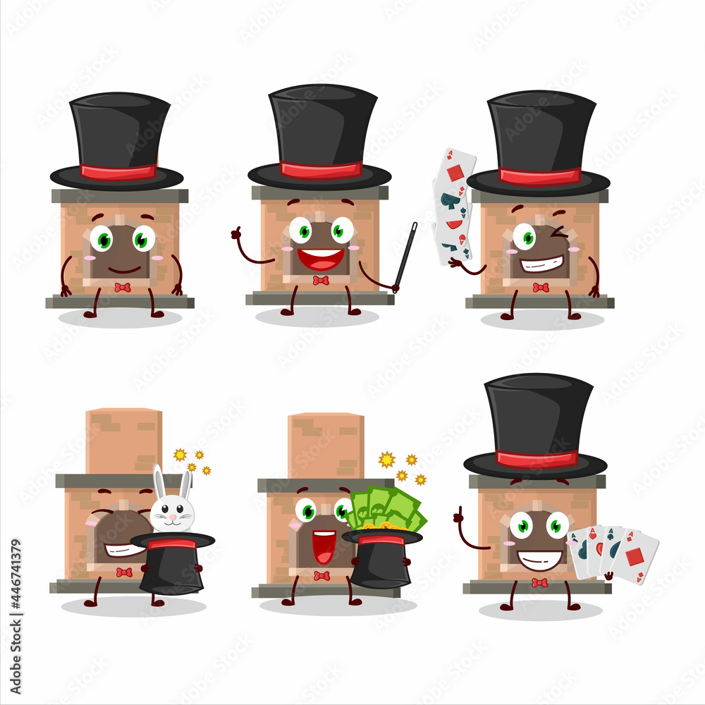 A house fireplaces Magician cartoon character perform on a stage A house fireplaces Magician cartoon character perform on a stage