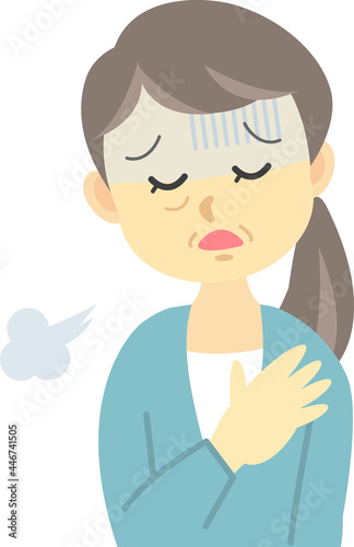 イラスト素材:体調不良シリーズ　年配の女性がストレスで胸を右手で押さえて不安に苦しむ姿
