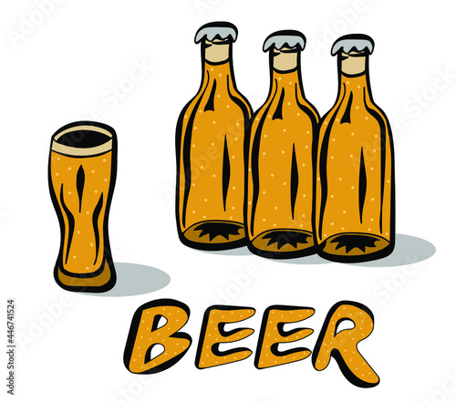 Set of the beer bottles and glass vector illustration, hand drawn doodle style.
