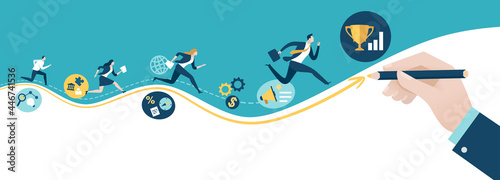 Path to the goal. Businessman‘s hand draws a line leading to the goal. Business vector concept illustration