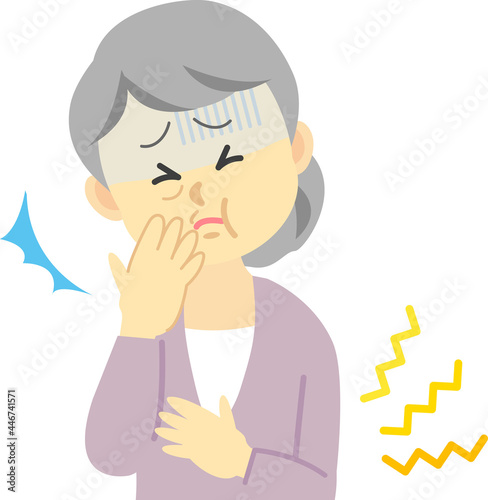 イラスト素材:体調不良シリーズ　白髪の年配の女性が腹痛や食中毒で吐き気に襲われる姿
