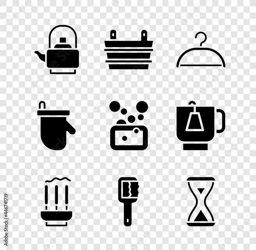 Set Kettle with handle, Sauna bucket, Hanger wardrobe, Incense sticks, brush, hourglass, mittens and Bar of soap icon. Vector
