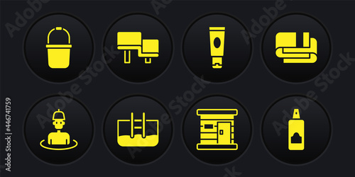 Set Man in the sauna, Towel stack, Swimming pool with ladder, Sauna wooden bathhouse, Cream or lotion cosmetic tube, bench, Spray can for hairspray and bucket icon. Vector