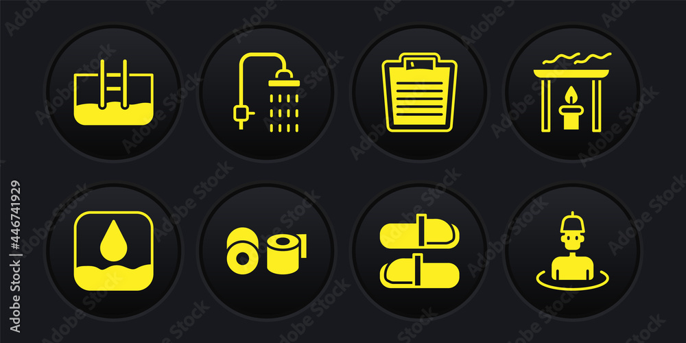 Set Water drop, Aroma candle, Toilet paper roll, Sauna slippers, Bathroom scales, Shower, Man in the sauna and Swimming pool with ladder icon. Vector Set Water drop, Aroma candle, Toilet paper roll, Sauna slippers, Bathroom scales, Shower, Man in the sauna and Swimming pool with ladder icon. Vector