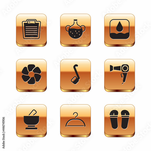 Set Bathroom scales, Mortar and pestle, Hanger wardrobe, Sauna ladle, Flower, Water drop, Flip flops and Essential oil bottle icon. Vector