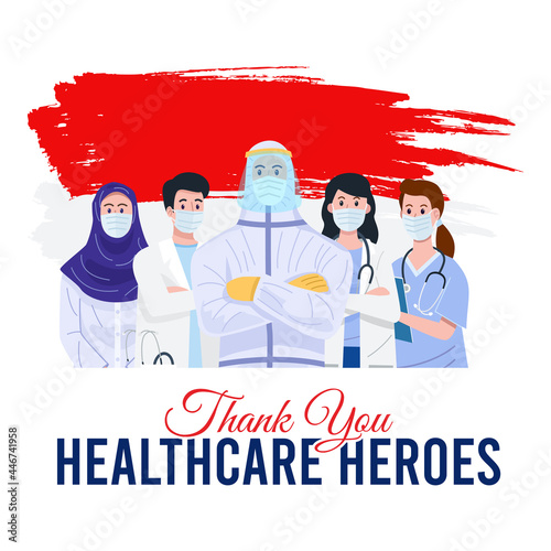 Illustration of frontline workers wearing face masks with flag of Indonesia as a background. Vector