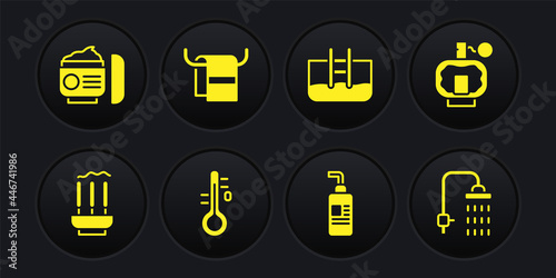 Set Incense sticks, Aftershave, Sauna thermometer, Cream or lotion cosmetic tube, Swimming pool with ladder, Towel hanger, Shower and icon. Vector