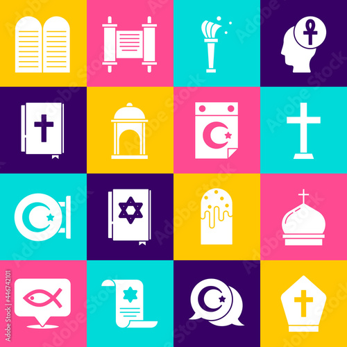 Set Pope hat, Church tower, Christian cross, Aspergillum, Muslim Mosque, Holy bible book, The commandments and Star crescent icon. Vector