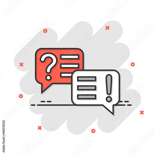 Question and answer icon in comic style. Dialog speech bubble cartoon vector illustration on white isolated background. Forum chat splash effect business concept.