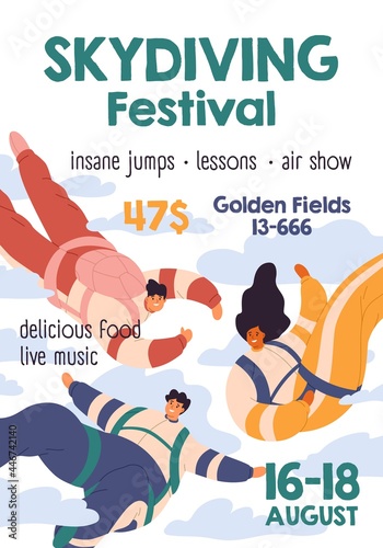 Flyer design of skydiving festival. Vertical template for parachuting event advertising. Promotion card of extreme sports air show with skydivers and parachutists. Colored flat vector illustration